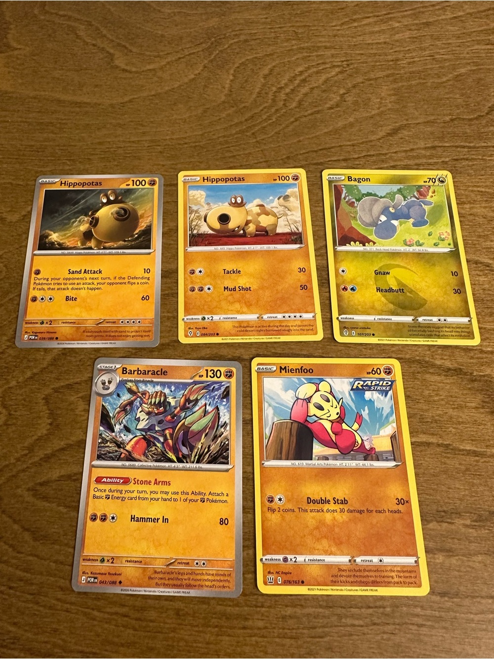 Lot of 5 Pokemon Cards - Hippopotas, Bagon, Mienfoo, and Barbarcle